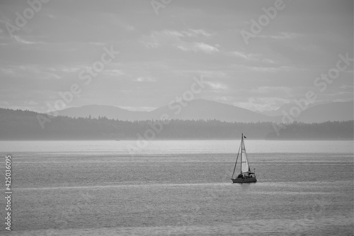 Sailboat Passing by Mountains