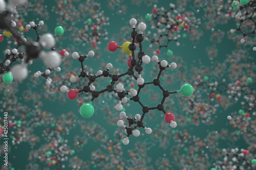 Molecule of bromothymol blue, ball-and-stick molecular model. Science related 3d rendering