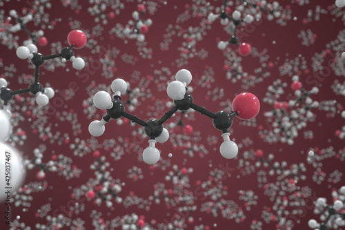 Butyraldehyde molecule, ball-and-stick molecular conceptual model. Scientific 3d rendering