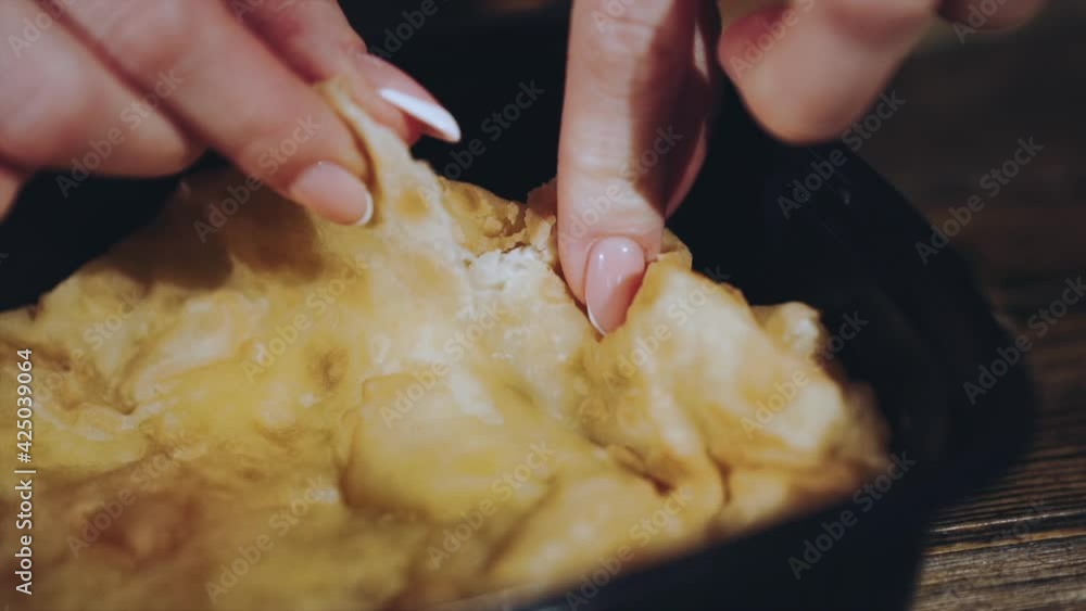 Girl rips off a piece of cheburek in a lunch box Girl rips off a piece of cheburek in a lunch box