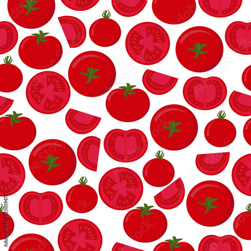 Seamless pattern of red tomatoes, whole and halves of bright tomato on a white background