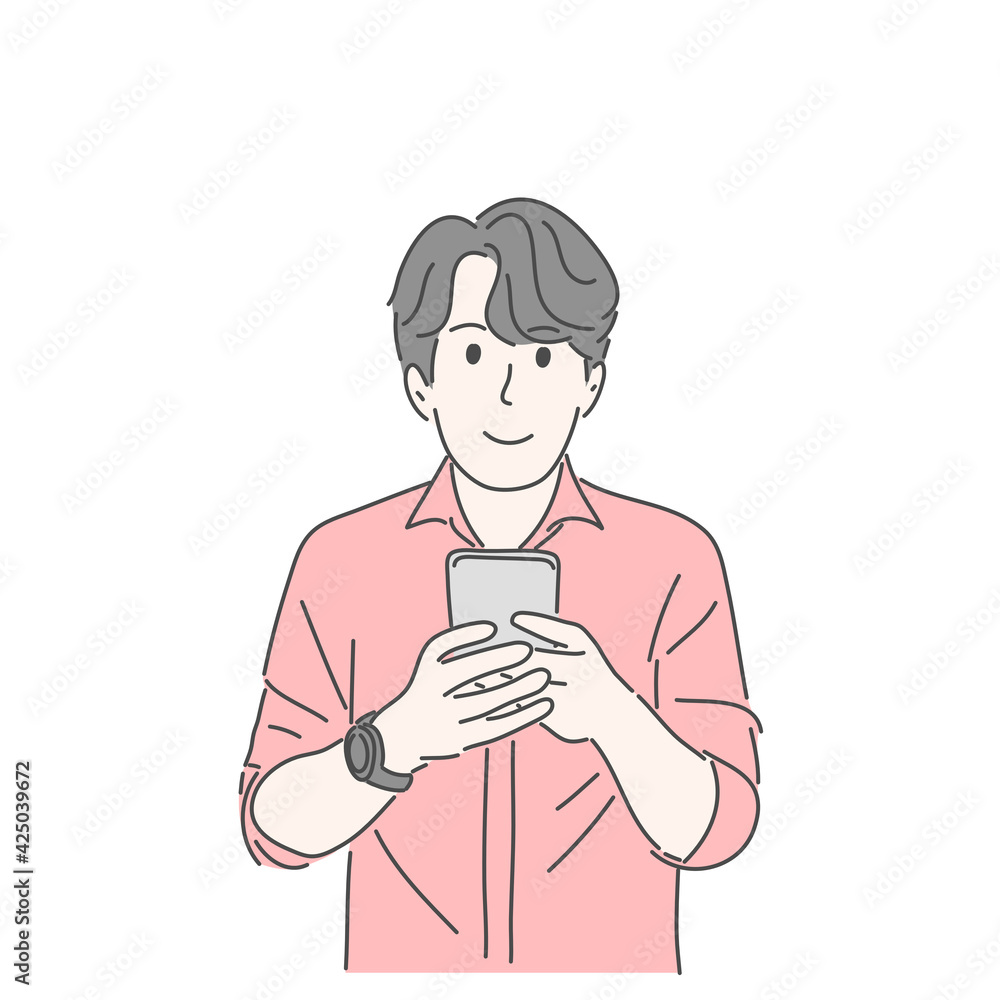 Man holding and using smartphone. Hand drawn character vector style. Man holding and using smartphone. Hand drawn character vector style.