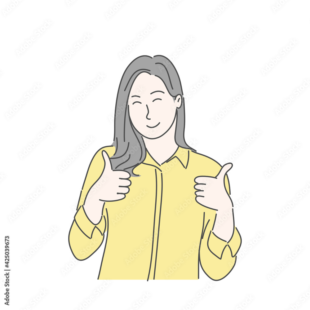 Woman gesturing with thump ups. Hand drawn character vector style. Woman gesturing with thump ups. Hand drawn character vector style.
