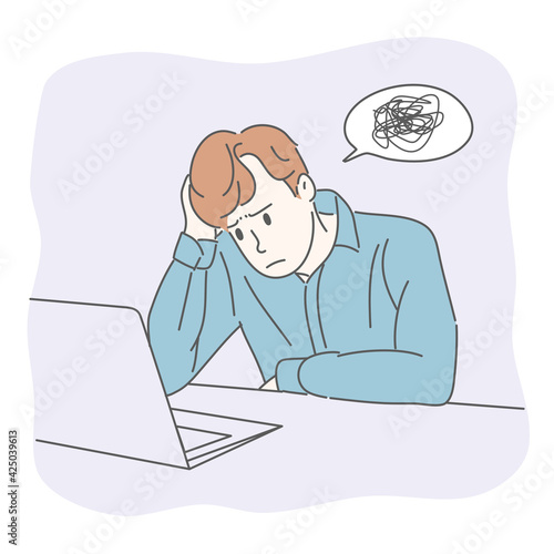 Man with confused and sitting in front of laptop computer. Hand drawn character style.