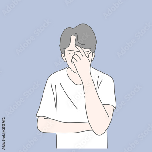 Man gesturing with holding hand to face. Stressed, depressed, unhappy, thinking concept.