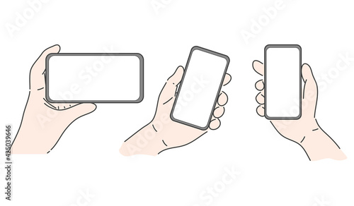 Hand holding smartphone. Hand drawn character vector style.