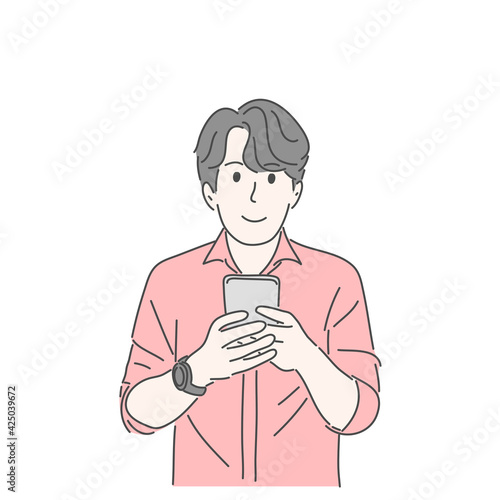 Man holding and using smartphone. Hand drawn character vector style.