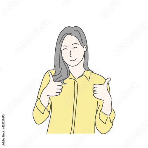 Woman gesturing with thump ups. Hand drawn character vector style.