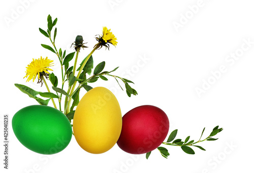 Cololrful Easter eggs and green grass with yellow dandelion flowers in a holiday corner arrangement isolated on white background photo