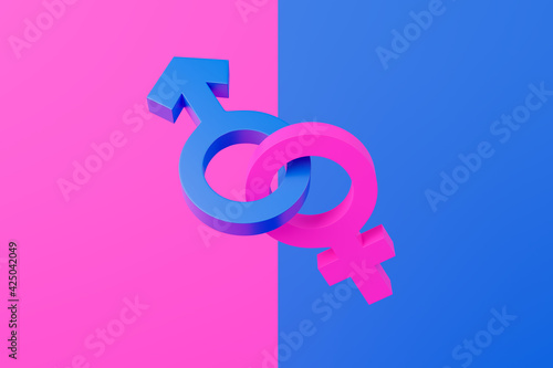 Symbols of male and female gender united on pink and blue background. Concept of gender equality and heterosexual couples.