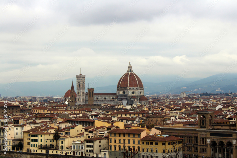 Panorama view of the city of Florence from the Michelangelo hill. The historic part of the Italian city top view.