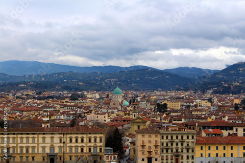 Panorama view of the city of Florence from the Michelangelo hill. The historic part of the Italian city top view.