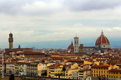 Panorama view of the city of Florence from the Michelangelo hill. The historic part of the Italian city top view.