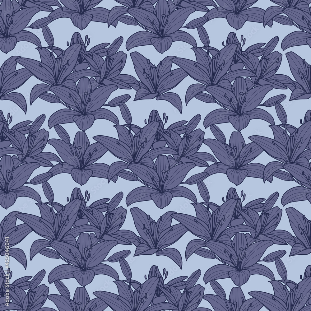 custom made wallpaper toronto digitalLily flower, blue floral seamless repeat pattern