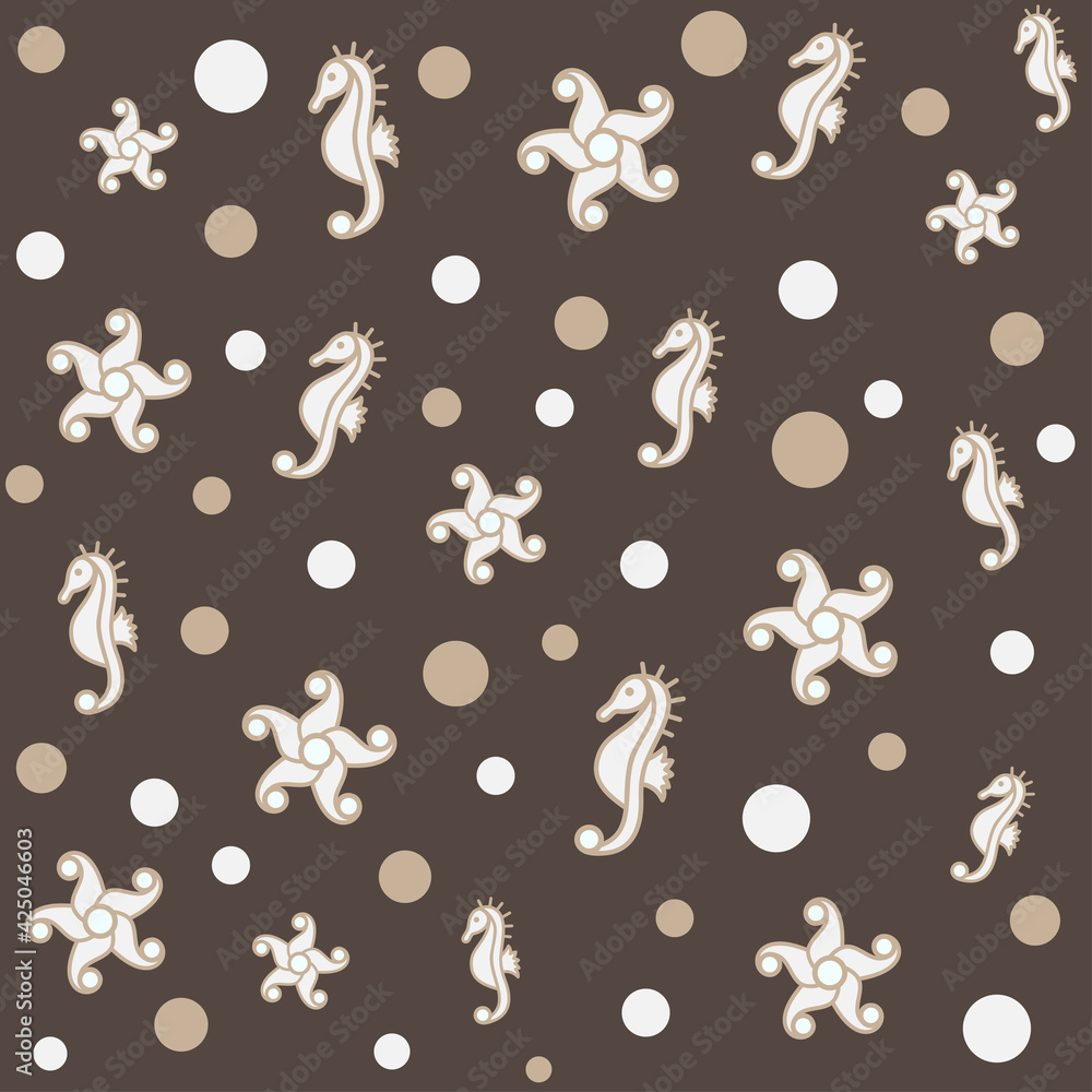 Sea pattern with starfishes, seahorses and bubbles in brown color Sea pattern with starfishes, seahorses and bubbles in brown color