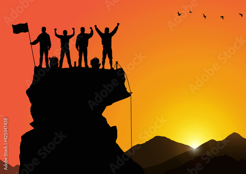 Silhouette of men standing on top of mountain with cheerful on golden sunrise background, success, achievement,victory and winning teamwork concept vector illustration