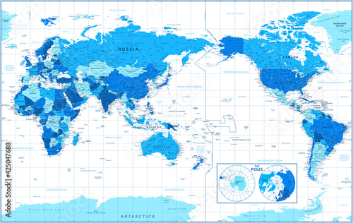 World Map - Pacific China Asia Centered View - The Poles - Blue Color Political - Vector Layered Detailed Illustration