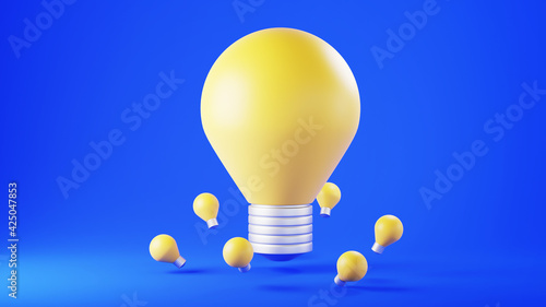 3D Rendering of light blub on blue background. Realistic 3d shapes. Education concept. Convey knowledge and ideas.