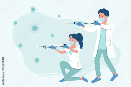 Doctor and nurse with giant syringe as a weapon fighting with coronavirus. Vaccine injection concept. Vector illustration. 