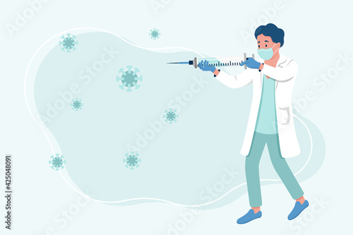 Doctor with giant syringe as a weapon fighting with coronavirus. Vaccine injection concept. Vector illustration.