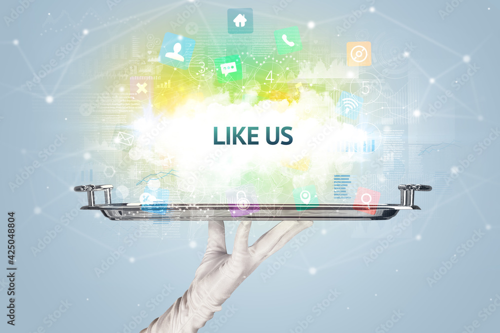 Waiter serving social networking concept Waiter serving social networking concept