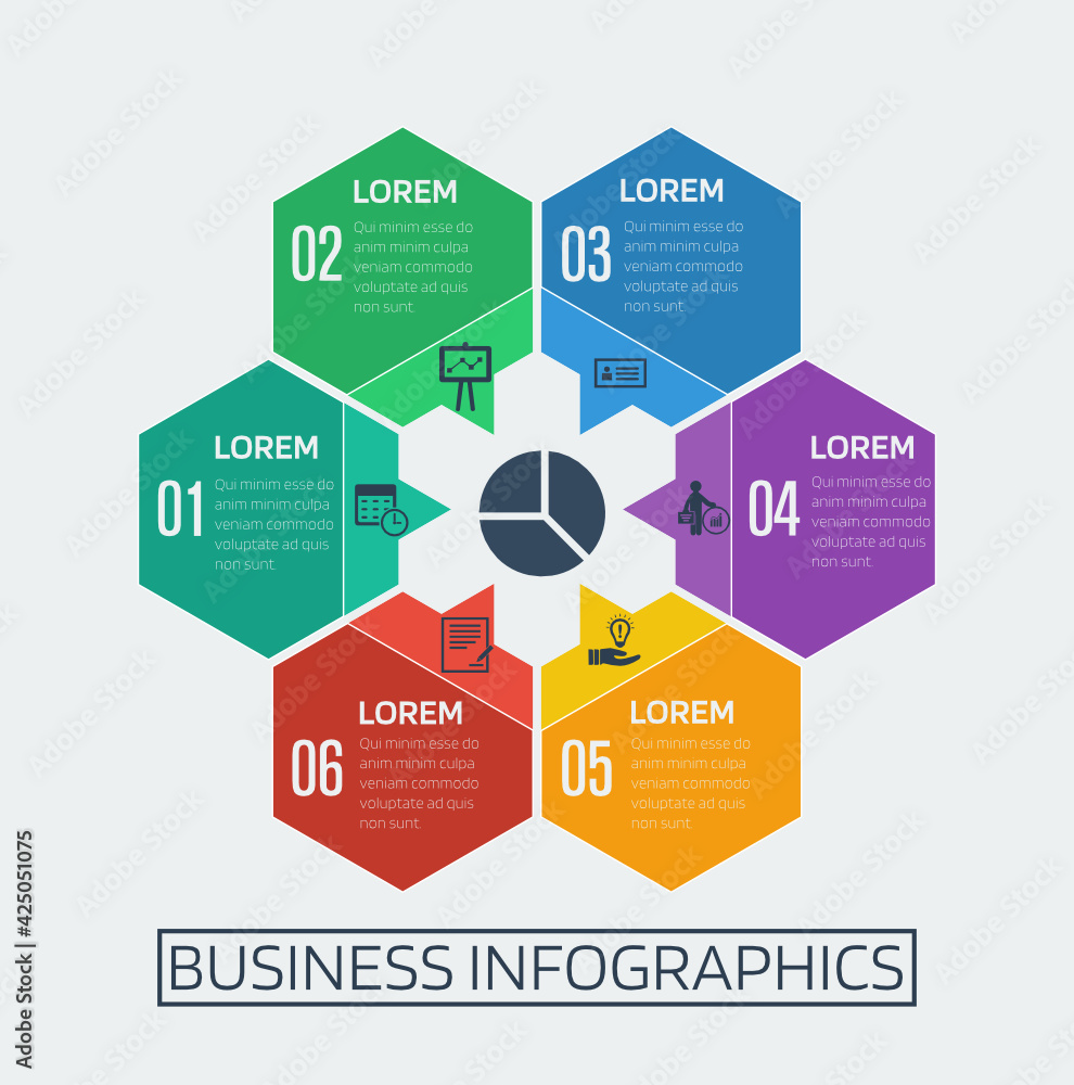 Business infographics template with 6 colorful hexagon with mono color icon set and pie chart in the center Business infographics template with 6 colorful hexagon with mono color icon set and pie chart in the center