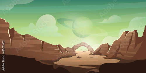 Desert background with planet in the sky, valley of death illustration