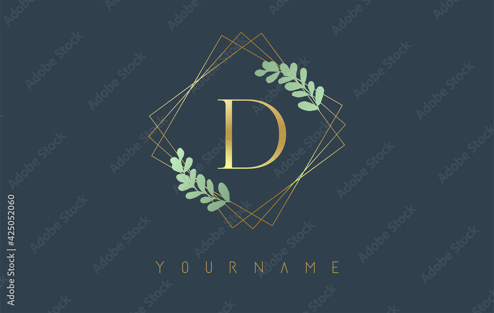 Golden Letter D Logo With golden square frames and green leaf design. Creative vector illustration with letter D.