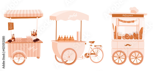 Food trucks small business illustration set. Rose gold Champagne cart, wine street bar, ice cream bike, bread of bakery cart, patisserie. Vending catering take away carts. Wine bar marketplace