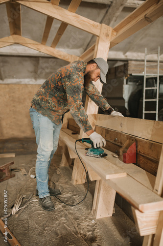 Worker chopping wood