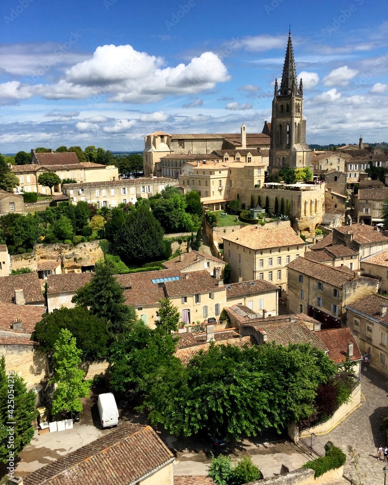Saint Emilion, France. Panorama view of the medieval town. Steeple of the main cathedral. Top of St.Emilion monolithic church. 