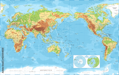 World Map - Pacific China Asia View - The Poles - Physical Topographic - Vector Detailed Illustration
