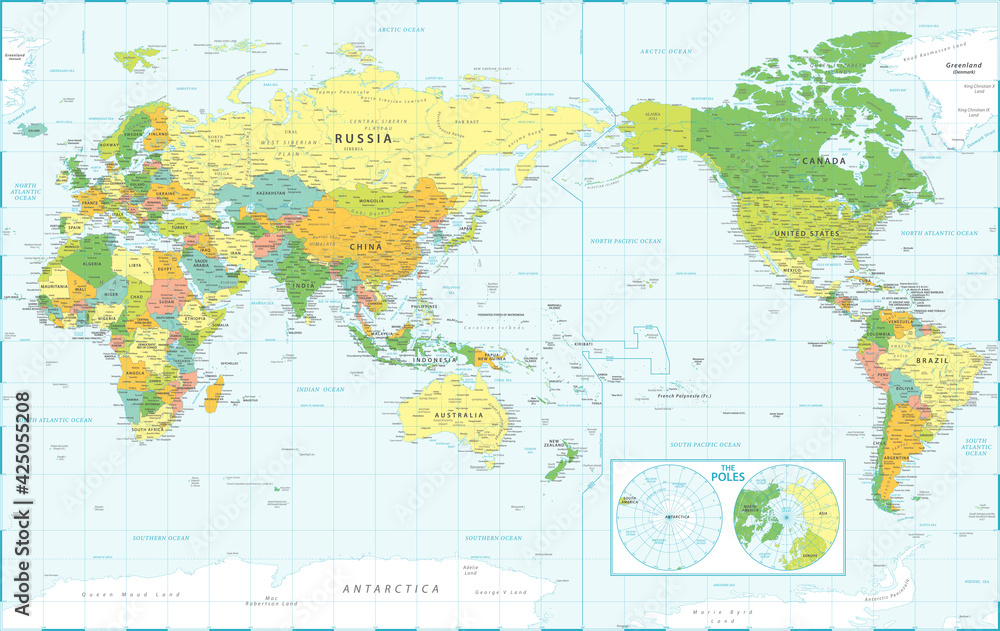 Naklejka Mapa świata - Widok Pacyfiku - Centrum Azji i Chin - Polacy - Topografia polityczna - Warstwy - Szczegółowa ilustracja wektorowa