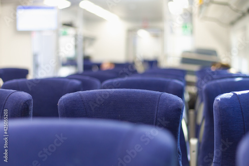 Rows of seats in the new high-speed train Lastochka in Russia