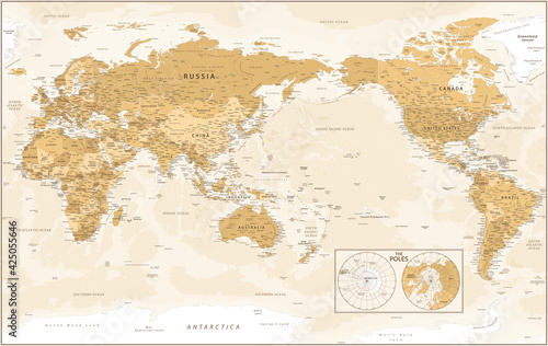 World Map - Pacific China Asia Centered View - The Poles - Vintage Golden Political - Vector Detailed Illustration