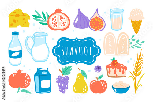 Jewish holiday Shavuot cute element set. Childish print for greeting card, banner, poster and invitation template