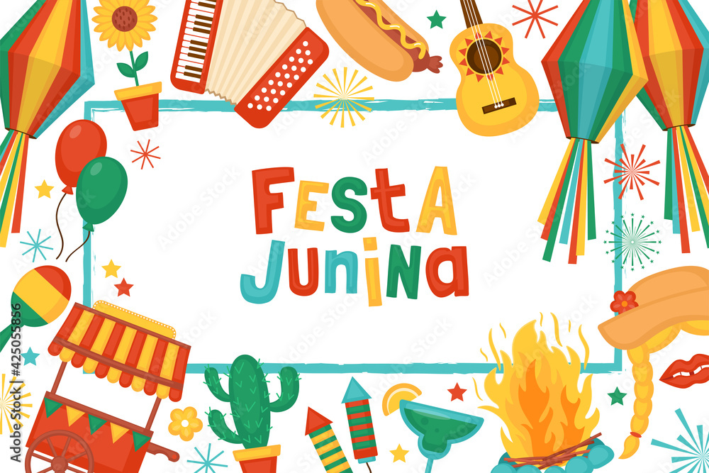 Naklejka premium Festa Junina festival banner design. Brazilian Latin American festival celebration concept. Greeting card and poster template.