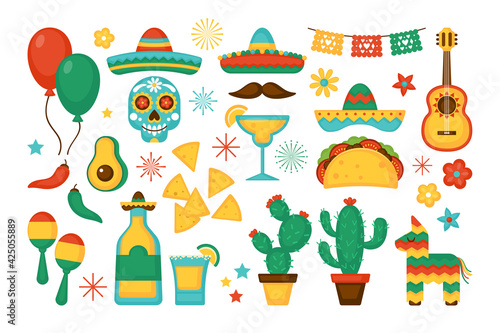 Cinco de Mayo Mexican Holiday elements set. Greeting card, poster and banner template design