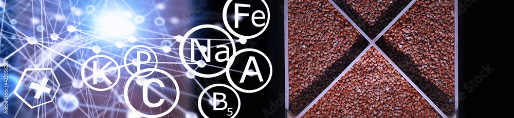 Obraz premium A set of grain cereals. Rice, buckwheat and millet groats in a wooden tray. A grocery set of cereals. Import of grain.