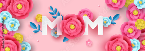 Mother's day sale banner template for social media advertising, invitation or poster design with paper art flowers background.