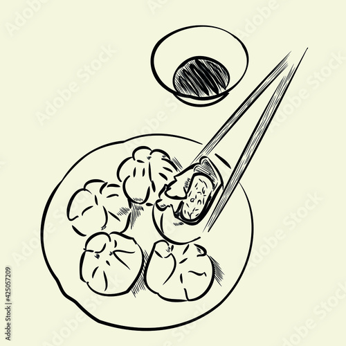 Chinese dumplings, dim sum, momo, gedza, steamed buns, bao, shumai, baozi. Asia food, Korea, Japan, Thailand. steamed. black and white drawing, sketch. restaurant menu design.  vector eps 10