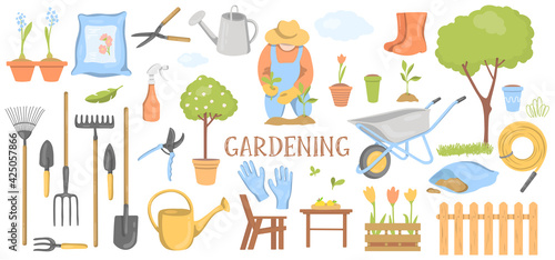 Collection of garden tools and plants. Garden and spring set, hand-drawn elements. Colorful vector illustration on a white background. photo