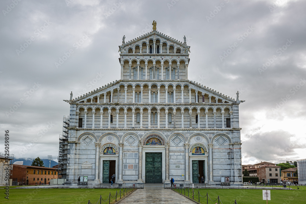 View of The Pisa Cathedral (Duomo di Pisa) on Piazza dei Miracoli in Pisa, Tuscany, Italy. Architecture and landmark of Pisa