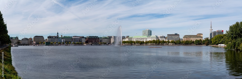 hamburg alster panoramic cityscape view on a sunny day with fountain and the historic buldings, germany hamburg alster panoramic cityscape view on a sunny day with fountain and the historic buldings, germany