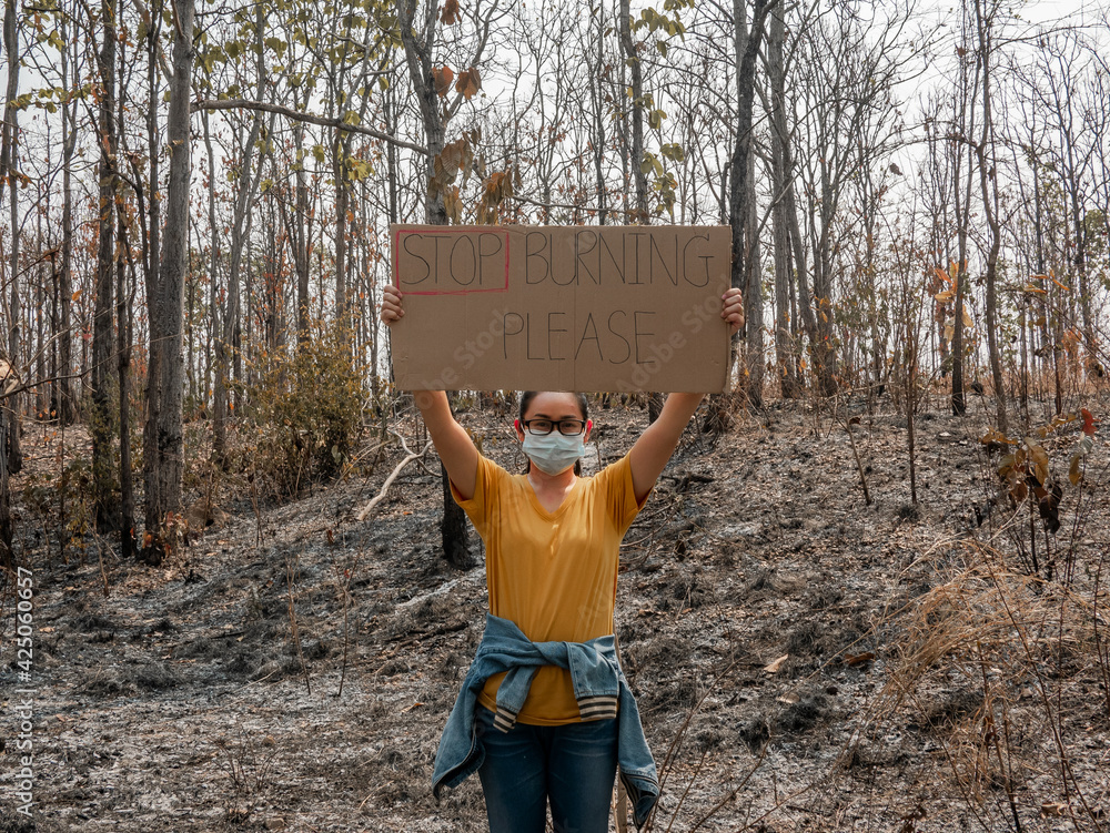 Foto Stock A female volunteer holding a nature conservation banner in