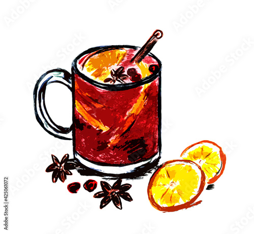 Mug with mulled wine and oranges on a white background
