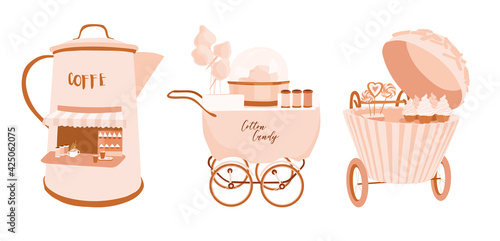 Food take away small business illustration set. Rose gold coffee pot store, cotton candy stroller, muffin cart, bakery trolley, patisserie. Vending catering cupcake carts. Cute small marketplace