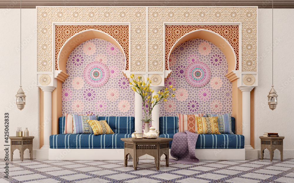 Arabic,Islamic style living room interior design with arch and arabic