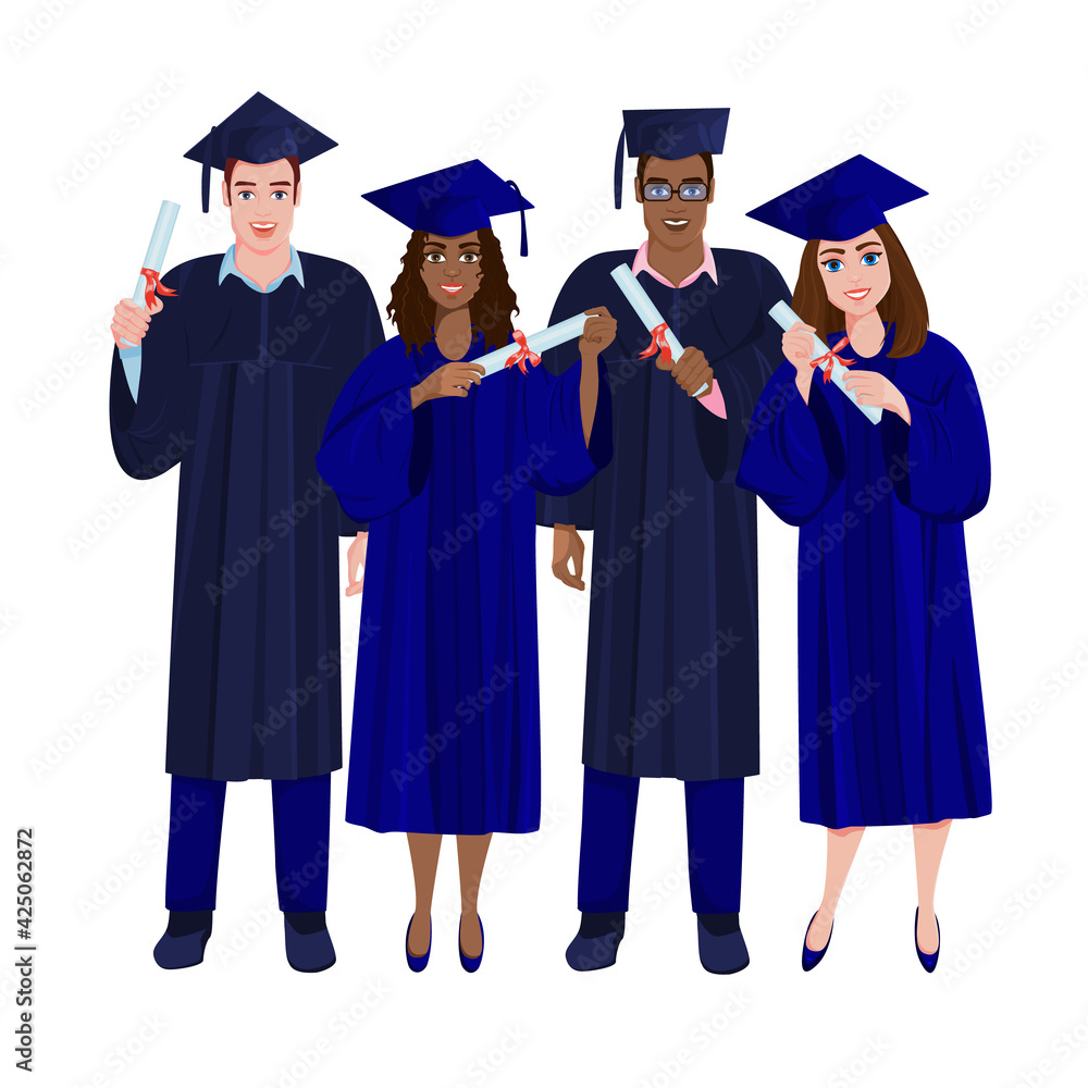 Happy graduates in gowns and with diplomas Happy graduates in gowns and with diplomas