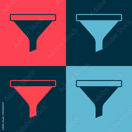 Pop art Funnel or filter icon isolated on color background. Vector